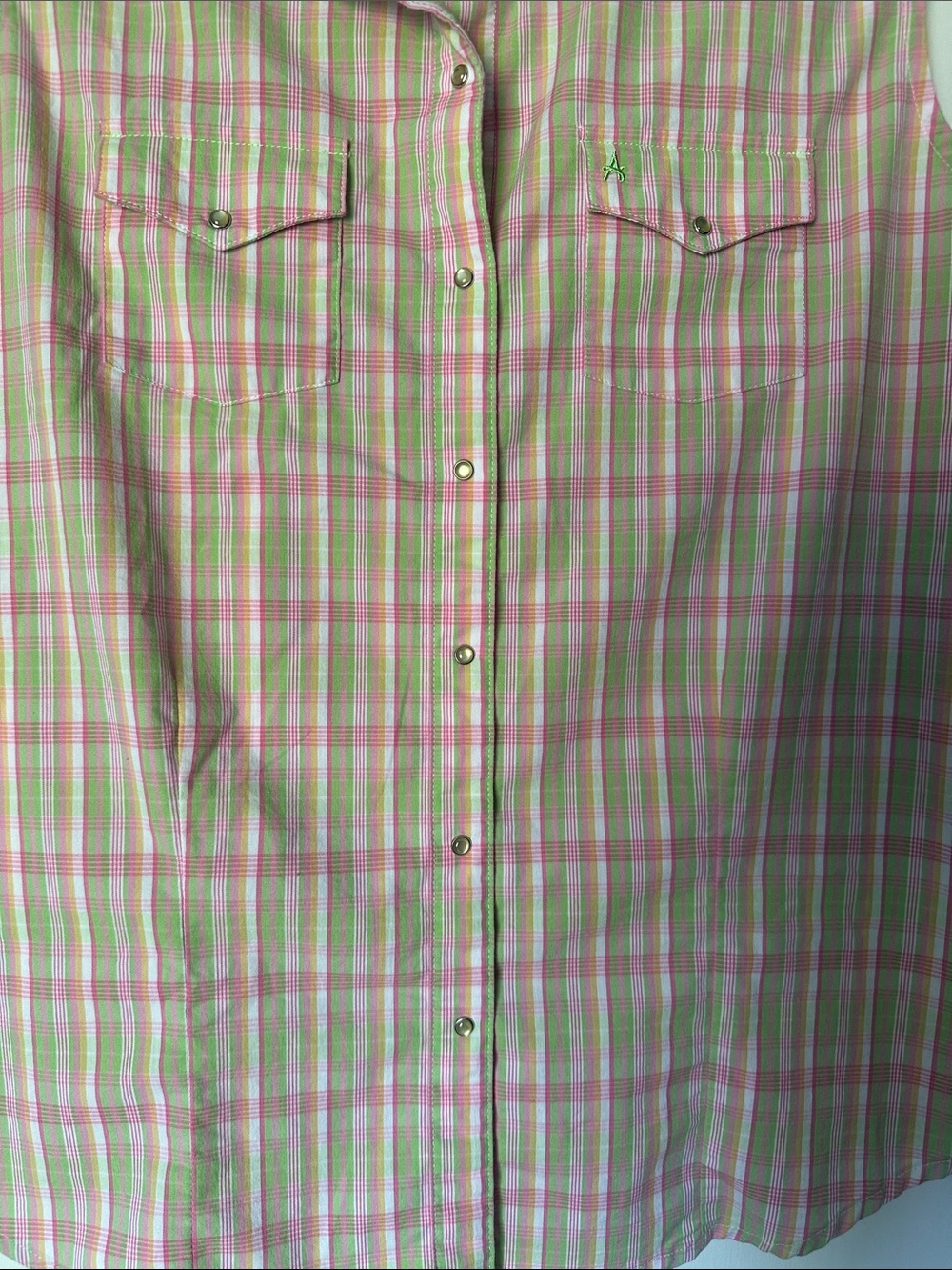 Wrangler Aura Sleeveless Plaid Button-Down Shirt in Pink & Light Green Size L - Picture 3 of 7